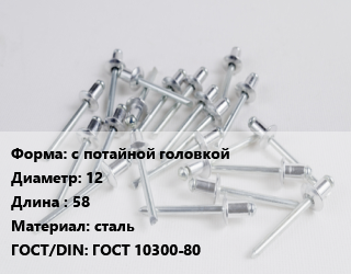Заклепка с потайной головкой 12х58 сталь ГОСТ: ГОСТ 10300-80, кг цена от 174.71 Тг / шт, где купить, условия доставки в Петропавловске и Северо-казахстанской области